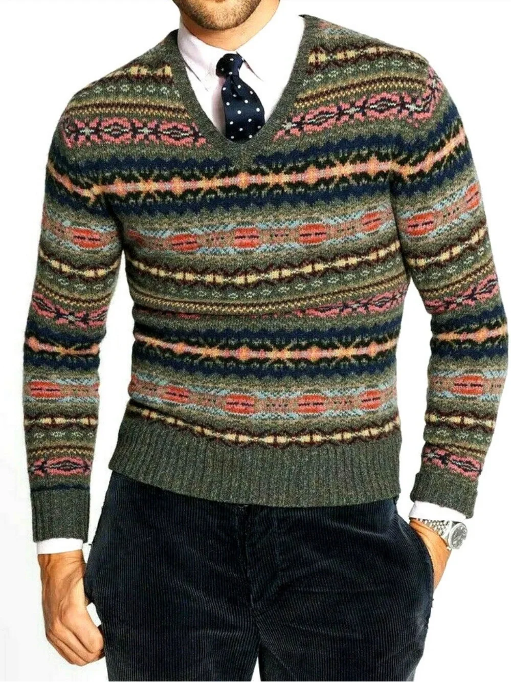 Polo by Ralph Lauren Olive Multicolor Fair Isle V-Neck Sweater